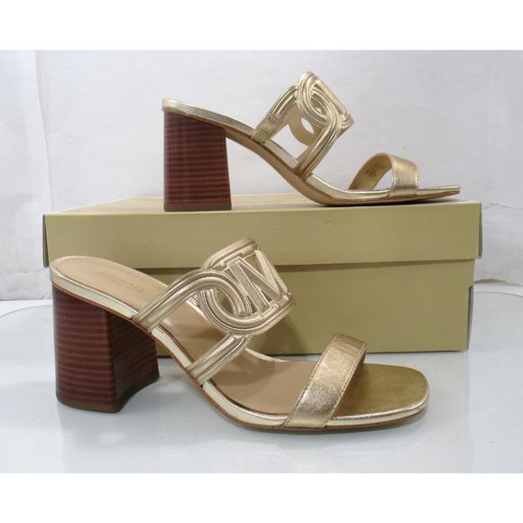 Michael Kors Alma Mid Block Heel Slide Sandal Metallic Leather Gold Size 7 - Picture 3 of 4